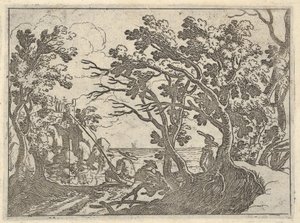 Kıyıdaki balıkçı ve ağaçların altında erkek izleyici ile manzara, tekne pruvasında bir adam..., ca. 1620-50.
