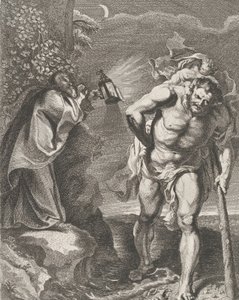 Aziz Christopher, Mesih çocuğunu bir dere boyunca taşıyor, başka bir adam bir ..., ca. 1636-80.