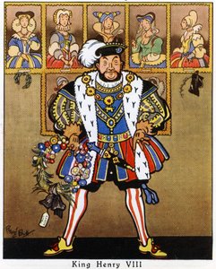Kral Henry VIII, eşlerinin portrelerini kutsal, ökse otu ve Noel için bir çelenkle süslerken, 1936 by René Bull