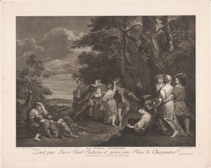Dans eden figürlerle manzara La danse flamande (nesne üzerindeki başlık) by René Jacques Le Charpentier