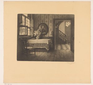 Portre, masa ve koridor manzaralı iç mekan by René Janssens (signed by artist)