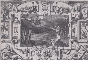 Medea ve Ejderhaların Çizdiği Arabası Karanlık bir gecede ıssız bir yerde başı darmadağınık ve çıplak..., 1563. by Rene Boyvin