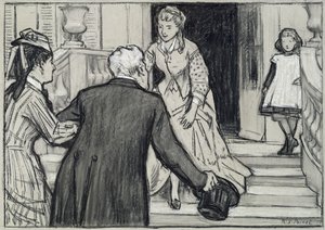 Ziyaret, Rene Boylesve'nin La Jeune Fille Bien Elevee'den çizimi (kağıt üzerine siyah beyaz tebeşirler) by René François Xavier Prinet