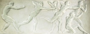 Altı çıplak erkek sporcuyu betimleyen kalıplanmış cam figürlü panel, by Rene Jules Lalique