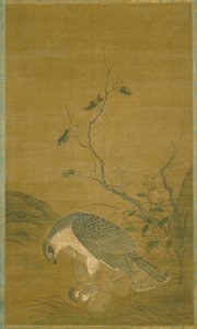 Bir Serçeyi Yakalayan Şahin (ipek üzerine mürekkep ve renkli) by Renfa Ren