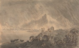 Fırtınalı Gökyüzünün Altında Uzak Dağ ile Gölün Üzerindeki Kale by Rev. William Gilpin