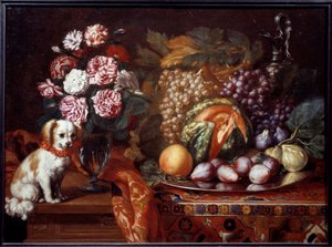 Cüce spaniel ile natürmort. Renaud Levieux tarafından yapılan resim, Reynaud Le Vieux (c.1625-1690) dedi