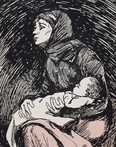 Noel arifesi. 1900. Kollarında çocuğu olan sıska bir kadın (gravür) by Ricardo Maria Navarrete