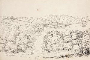 Güney Atlantik, ormanlık bir yamaçta bir binanın kalem çizimi by John Pardon