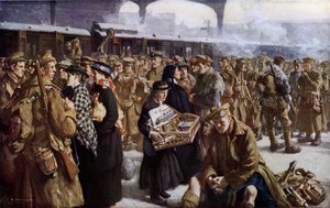 Victoria İstasyonu, 1. Dünya Savaşı, Fransa'ya gidiyor (renkli lito) by Richard (after) Jack