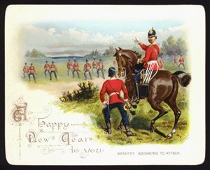 Saldırıya ilerleyen piyade, Yeni Yıl tebrik kartı (chromolitho) by Richard (after) Simkin