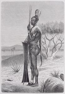 Prof. Friedrich Ratzel'in 'The History of Mankind', Cilt III, 1898'den silahlarıyla birlikte dövmeli bir Shuli zenci