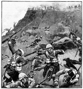 92. Gordon Highlanders geri çekiliyor, Majuba Tepesi Muharebesi, 1. Boer Savaşı, 26-27 Şubat 1881