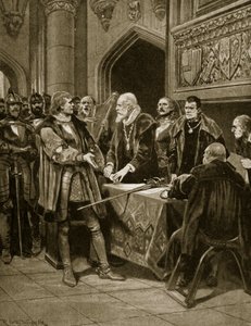Lord Thomas Fitzgerald kılıcını yere atıyor, 'Hutchinson's Story of the British Nation'dan bir örnek, c.1923 by Richard Caton Woodville junior