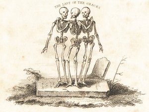 Bir mezar taşı üzerindeki üç iskeletin vinyet., 1827 (gravür)