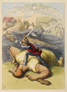 Jack, kılıcını kaldırmış bir devin vücudunun üzerinde duruyor. Bir çocuk kitabında renkli illüstrasyon. by Richard Doyle