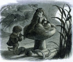 Bir mantarın üzerinde oturan bir su perisi, bir sevgili tarafından flört edilir. Richard Doyle