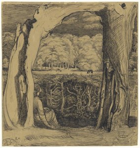 İki söğüt ağacının arasında oturan bir kadınla manzara by Richard Nicolaüs Roland Holst
