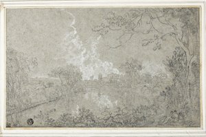 Eaton Hall yakınlarındaki Dee Nehri kıyıları, Cheshire, c.1759 (mavi kağıt üzerine siyah beyaz tebeşir, kart üzerine yerleştirilmiş) by Richard Wilson