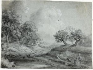 Kadın ve İneklerle Manzara (mavi kağıt üzerine beyaz tebeşirle yükseltilmiş, güdük siyah tebeşir) by Richard Wilson