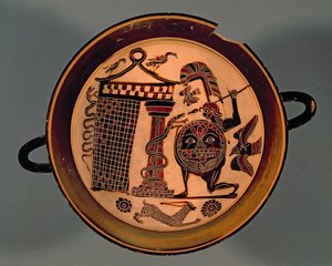 Bir yılana saldıran bir savaşçıyı betimleyen Laconian siyah figürlü fincan, MÖ 6. yy (çömlek) by Rider Painter