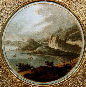 Gemilerle dolu bir deniz körfezinin üzerindeki kale, c.1775 (kağıt üzerine suluboya ile kalem ve mürekkep) by Robert (attr. to) Adam