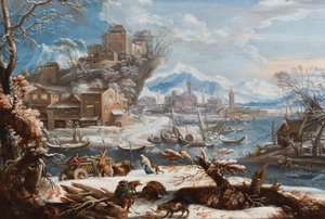 Odun toplayan figürlerin yer aldığı bir Alp manzarası, ön planda domuzlar (tuval üzerine yağlıboya) by Robert (attr. to) Griffier