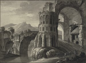 Mimari fantezi. Ortaçağ kuleleri ile çevrili antik köprünün harabesi by Robert Adam