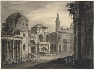 Bir meydanı ve bazıları kısmen harabe olan birçok binası olan bir antik kentin mimari fantezisi by Robert Adam