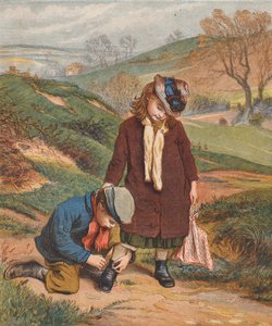 İhtiyacı olan bir arkadaş, bir kızın ayakkabılarını bağlayan bir erkek (renkli taş baskı) by Robert Barnes