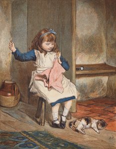 Ayaklarının dibinde kedisiyle dikiş diken kız (renkli taş baskı) by Robert Barnes