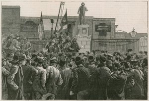 Doğu Yakasında Rıhtım İşçilerinin Büyük Grevi: Bay John Burns, Doğu ve Batı Hindistan Rıhtımlarının kapılarında grev yapan adamlara sesleniyor by Robert Barnes