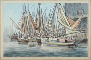 Su üzerinde tekneler ile Billingsgate iskelesinin görünümü, Londra Şehri, 1790. by Robert Clevely