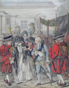 Margaret Nicholson Majestelerine Suikast Yapmaya Çalışıyor George III (1738-1820), St. James Sarayı'nın Bahçe Girişinde, 2 Ağustos 1786 (kalem, tükenmez kalem ve siyah mürekkep, kağıt üzerine suluboya ve gövde rengi)