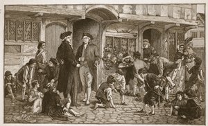 Pazar Okullarının kökeni: Hare Lane, Gloucester, 1780, H.D.M. Spence Jones, pub. c.1910 (sepya fotoğrafı)