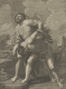 Aslan postu giyen ve Achelous ile savaşan Herkül, arka planda bir manzara, ..., yaklaşık. 1713-72. by Robert Hecquet
