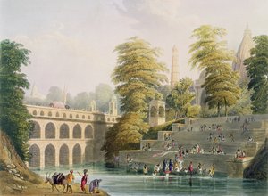 Guzerat'taki Baroda yakınlarındaki Köprü'nün görünümü, J. Willis ve H. Melville tarafından kazınmış, Charles Bentley (1806-54) tarafından oyulmuş 'Hindistan Manzarası, Kostümleri ve Mimarisi' Cilt II'den. tarafından Smith, El
