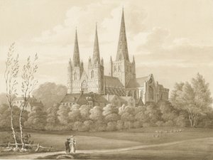 Lichfield Katedrali - Batı Güney Batı Görünümü: sepya çizimi