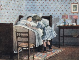 Küçük bir kız, hasta annesinin başucunda savaşını bekliyor. “Je sais Lire””de Robert Salles (1871-1929) tarafından yapılan illüstrasyon. by Robert Salles