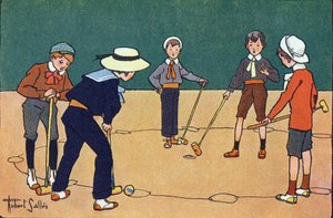 Saatlere göre top (toplar ve tokmaklarla beceri oyunu). Gravür “” Ne oynuyoruz? Robert Salles (1871-1929) tarafından suluboya çizimleri ile E. Weber tarafından “”. Kütüphane Garnier Freres, Paris by Robert Salles