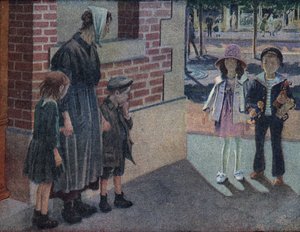 Sadaka: Bir anne ve iki çocuğu, sokaktaki genç bir erkek ve bir genç kızdan kendilerine birikimlerini ve oyuncaklarını verecek bir harçlık isterler. “Je sais Lire””de Robert Salles (1871-1929) tarafından yapılan illüstrasyon. by Robert Salles