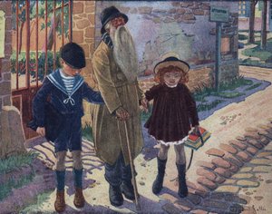 Körlerin sopası: iki çocuk kör bir yaşlı adamın yürümesine yardım eder. “Je sais Lire””de Robert Salles (1871-1929) tarafından yapılan illüstrasyon.