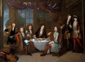 jambon kahvaltısı. Soğuk etler yemeğini paylaşan soyluların adamları. Robert Levrac Tournieres'in (1667-1752) tablosu