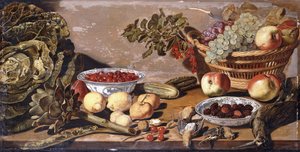 Kase Kiraz ve Böğürtlen, Bir Sepet Üzüm, Elma ve Kırmızı kuş üzümü, Bir Lahana, Enginar, Limon, Gerkins Fındık, Diğer Meyve, Bir Masada Çulluk ve Ardıç Balığı by Robert Willemsz de Baudous