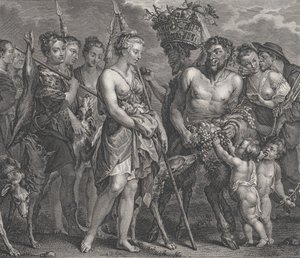 Kovalamacadan dönen Diana, yanında köpekler ve soldaki perileri, iki satir..., yakl. 1808 by Robert de Launay