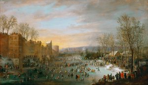 Patinage sur les douves Gelees de Bruxelles - Brüksel şehir hendeğinde paten, Hoecke, Robert van den (1622-1668). ahşap üzerine yağ
