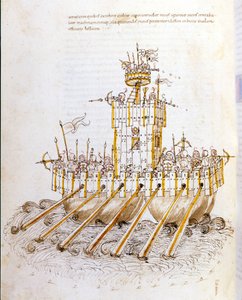 Savaş sanatı: askeri makinelerin incelenmesi, zırhlı savaş gemisi modeli. mühendis Roberto Valturio (1405-1483?)