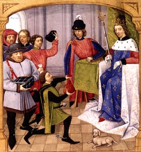Fransız kinf Philip V (1293-1322) vergi alıyor, "Grandes Chroniques de France" 1471'den Robinet Testard tarafından aydınlatma