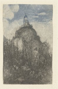 Le Phare Chapelle alpestre kayanın eteğinde bir kayanın üzerine inşa edilmiş ve koyunlarla birlikte dinlenmiş çobanlar by Rodolphe Bresdin