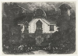 Bir çitin arkasında kulesi olan bir ev ve sığırlı bir çoban maison büyücü by Rodolphe Bresdin